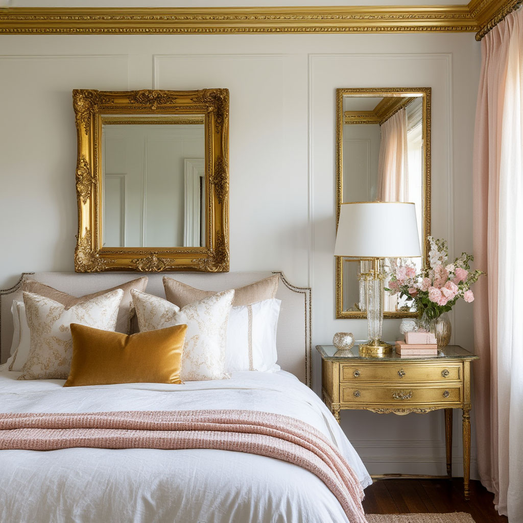 A bedroom with mixed gold and silver decor details balanced throughout