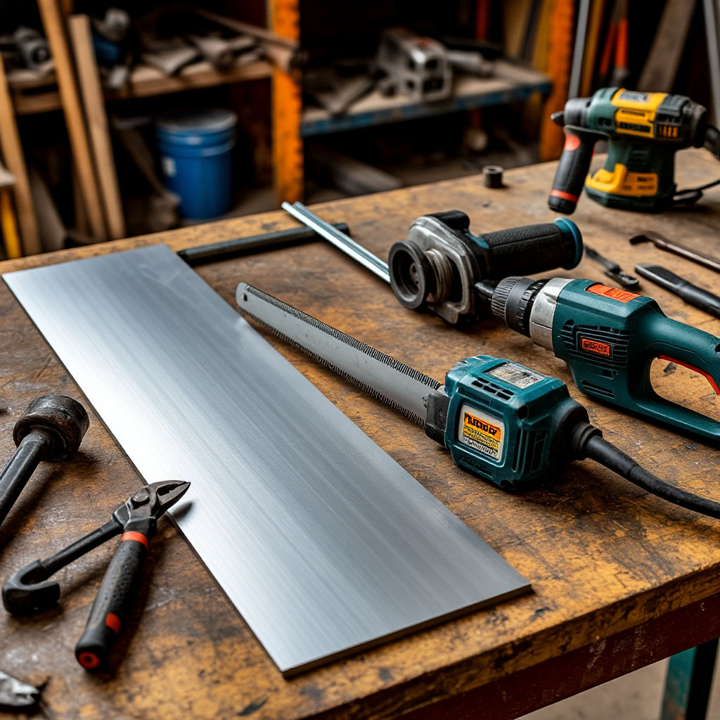 Aluminum and steel sheets with tools in workshop