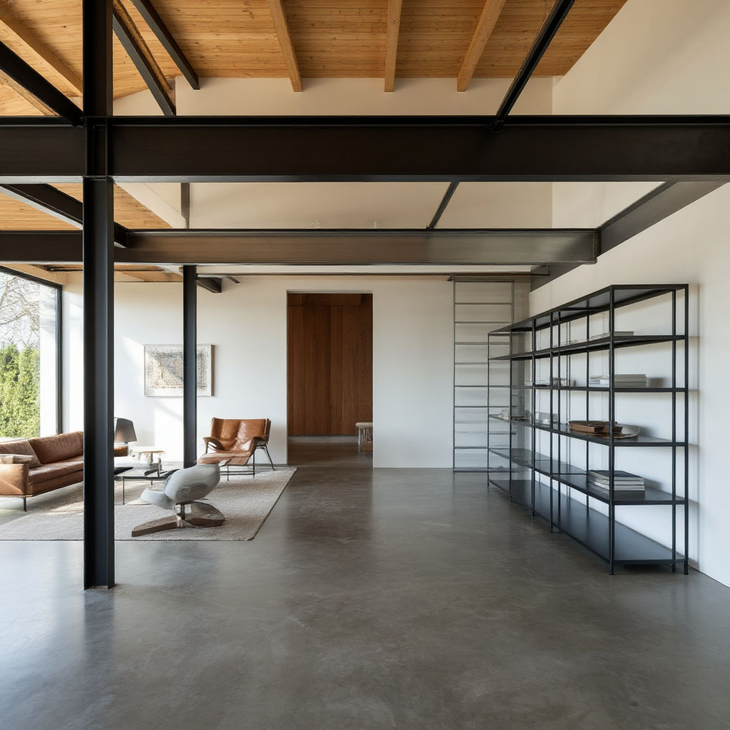 Aluminum shelves and steel beams in modern interior