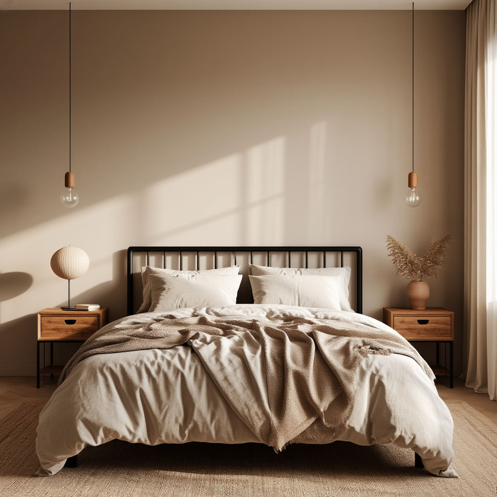 Black metal bed in a neutral minimalist bedroom