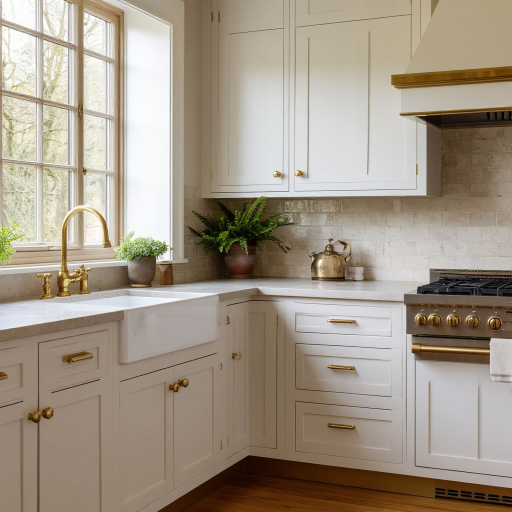 Brushed brass hardware on modern kitchen cabinets