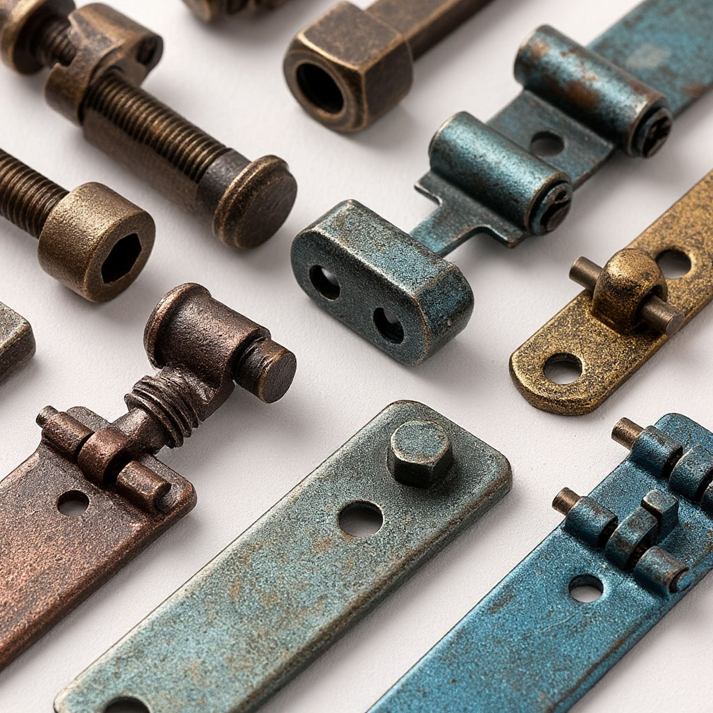 Close-up of DIY metal art finishes with patina, matte paint, and mounting hardware options