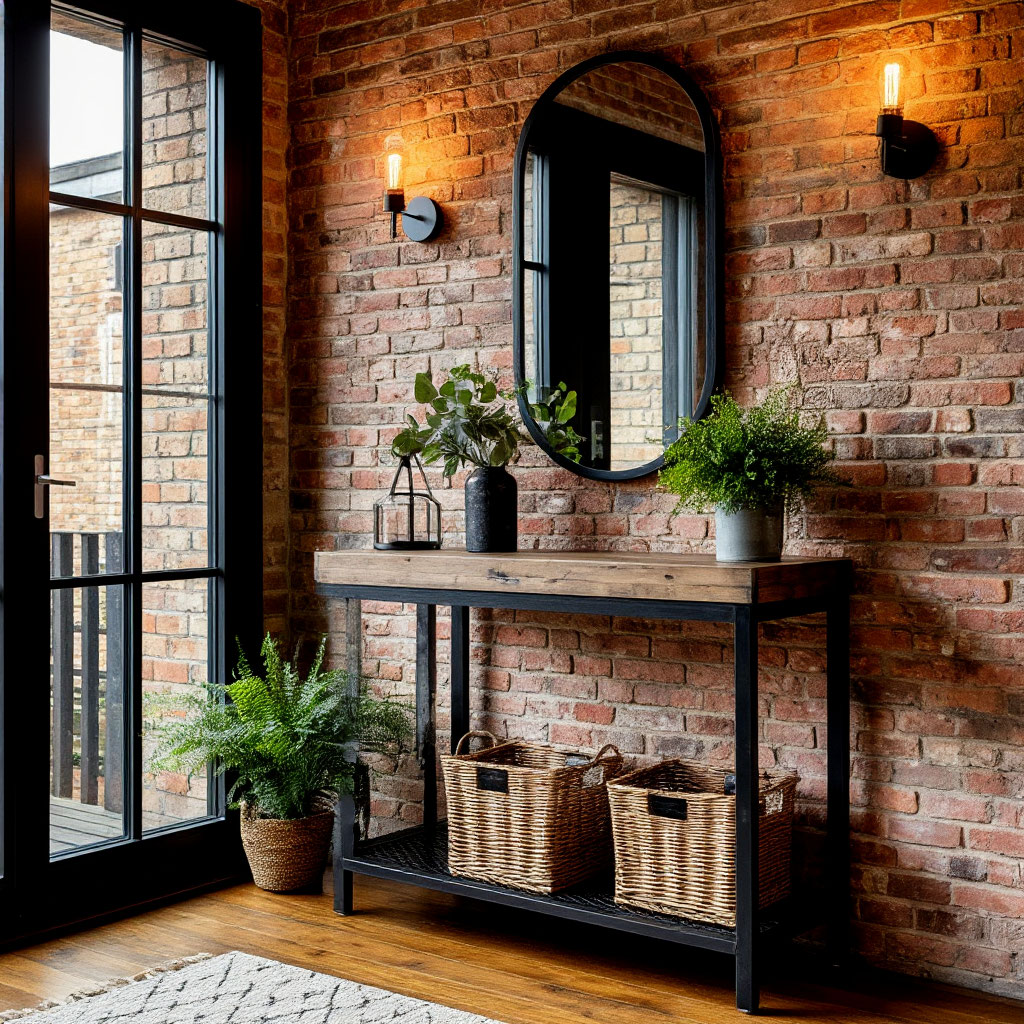 Industrial metal console table in entryway