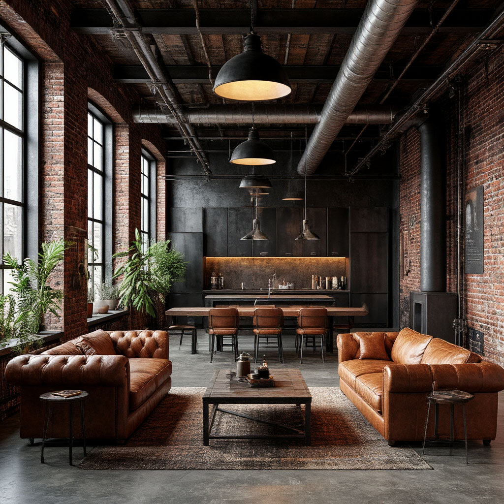 Industrial style metal finishes in loft interior