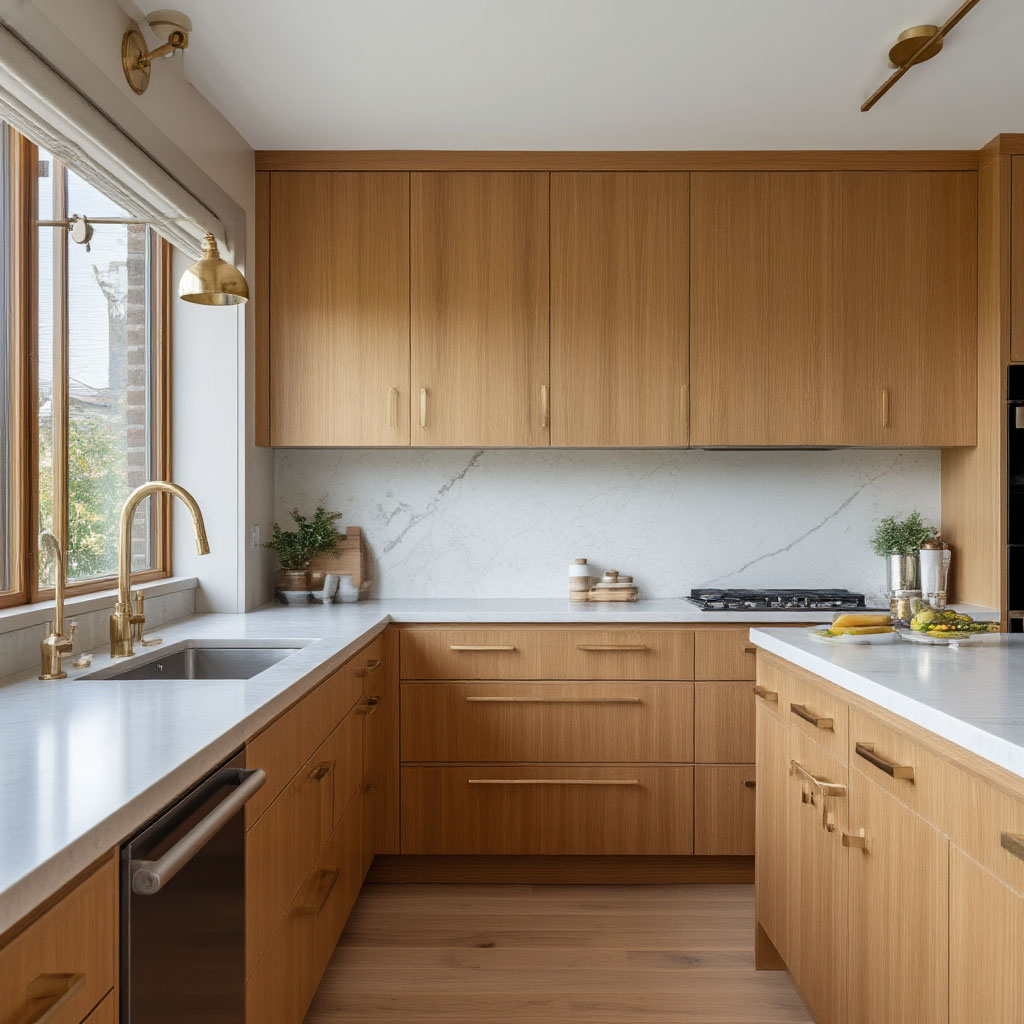 Kitchen showing dominant brass with smaller chrome details in mixed metal style