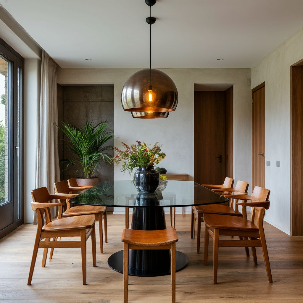 Metal pendant lighting with wood and glass elements