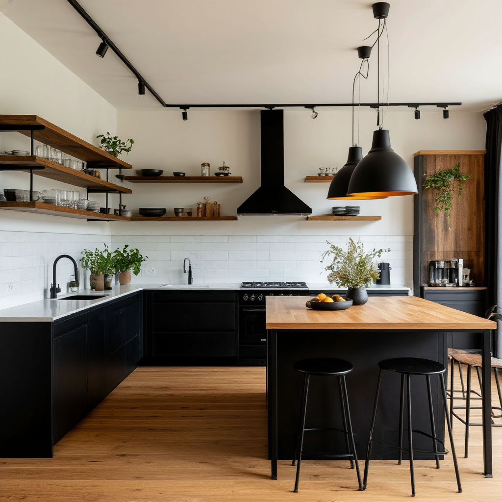 Minimalist kitchen with matte black iron hardware