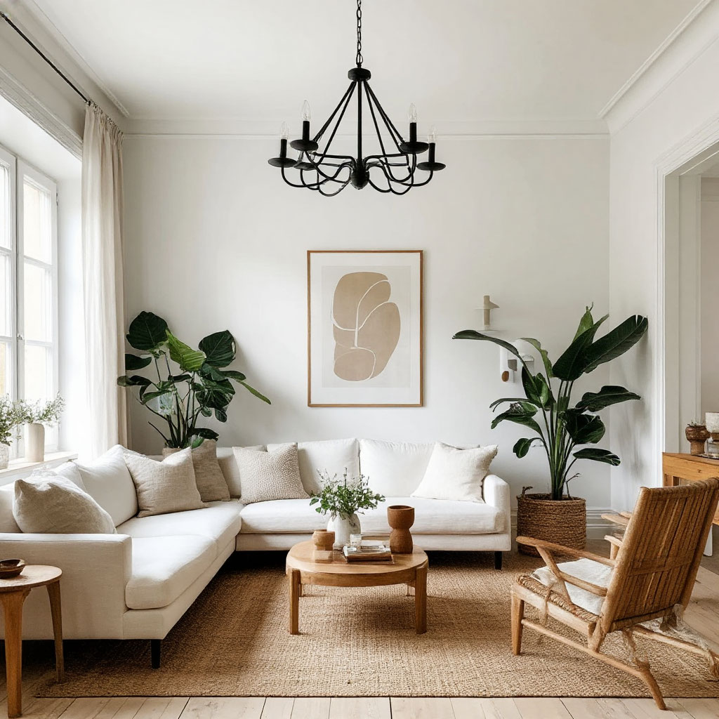 Minimalist living room with black iron lamp