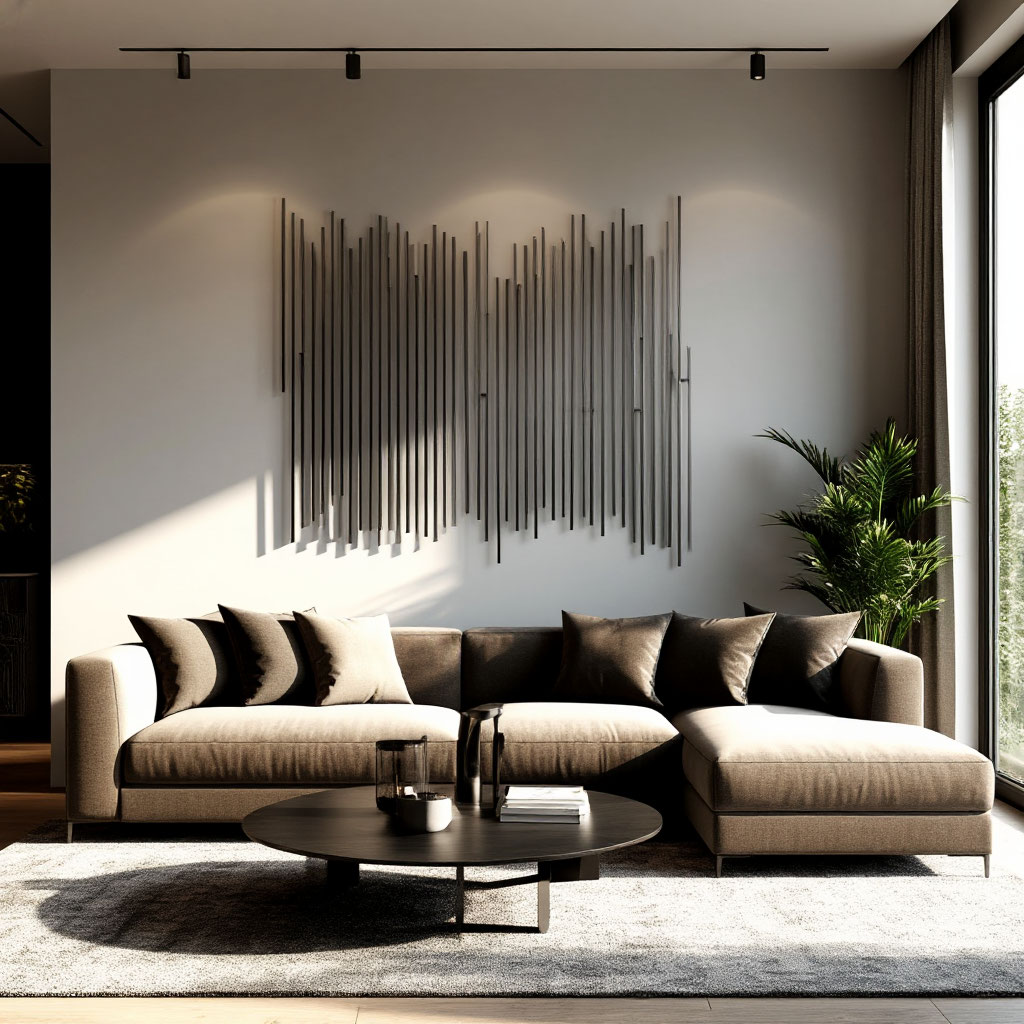 Modern living room with DIY metal wall art adding depth through light and shadows