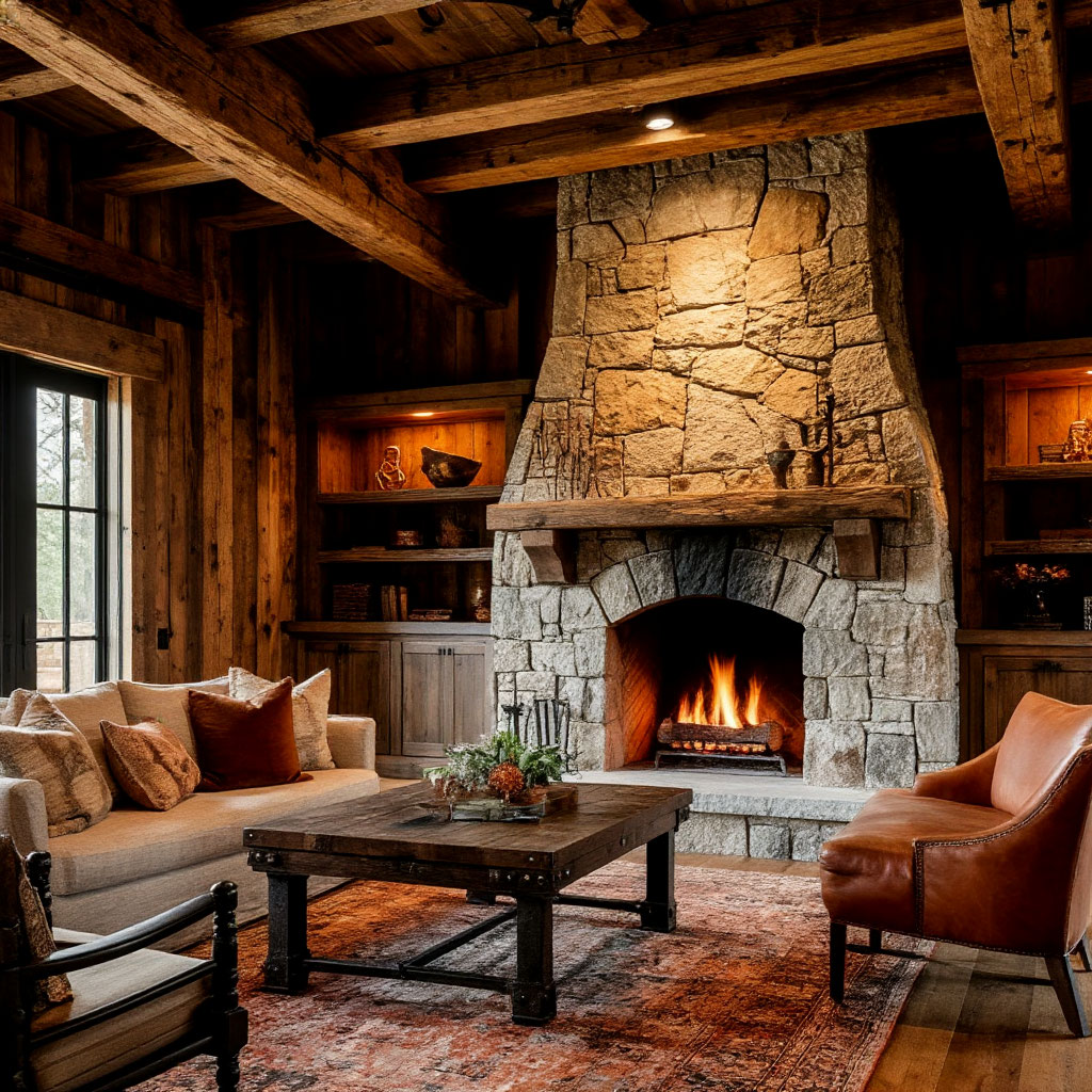 Rustic metal accents paired with wood and stone