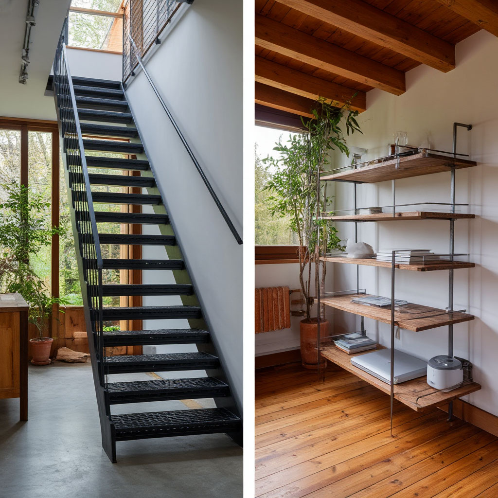 Steel stairs vs aluminum shelf in home design