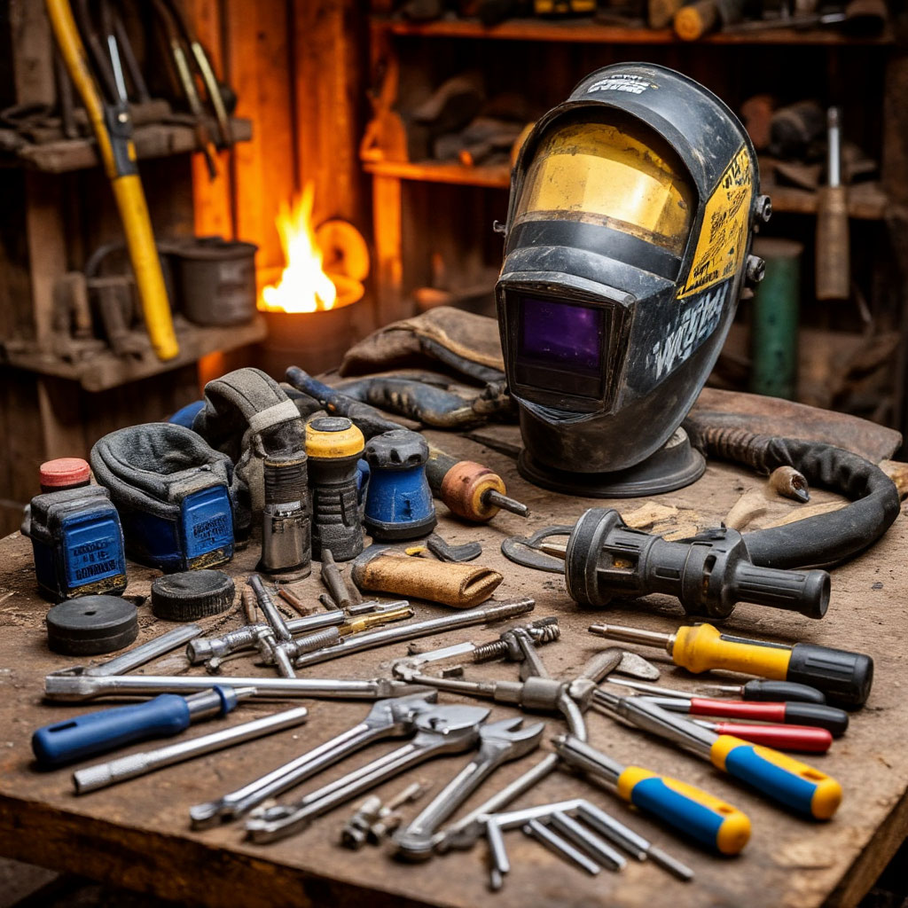 Welding tools for hobbyists on a metal workbench