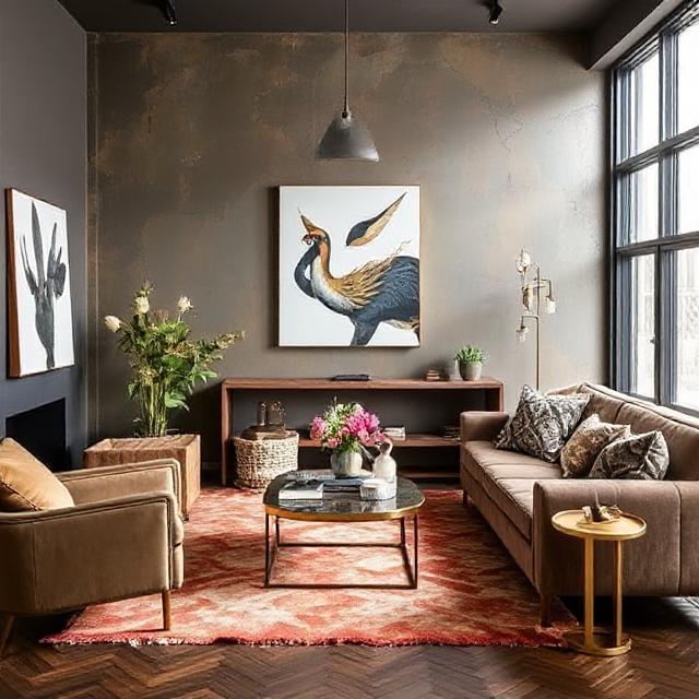 A living room with gold and chrome accents balancing warm and cool metals
