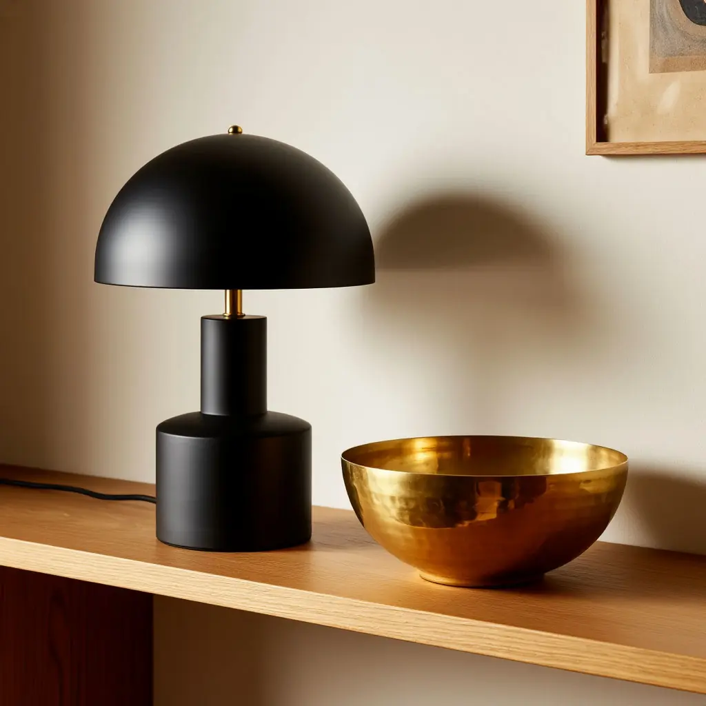 Interior vignette with matte black lamp and shiny brass bowl for finish contrast